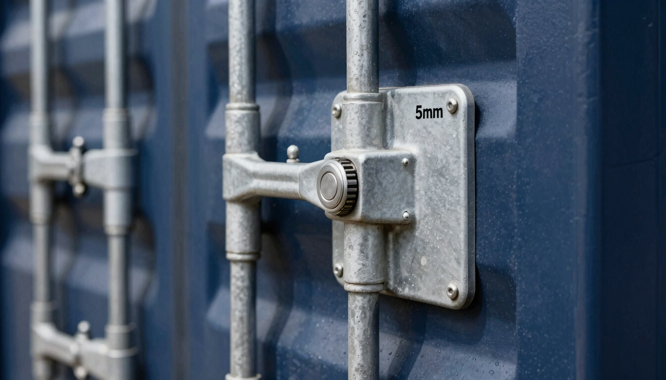 Close-up of sealed cargo container lock with security seal, crisp daylight, professional logistics, sharp focus, 35mm