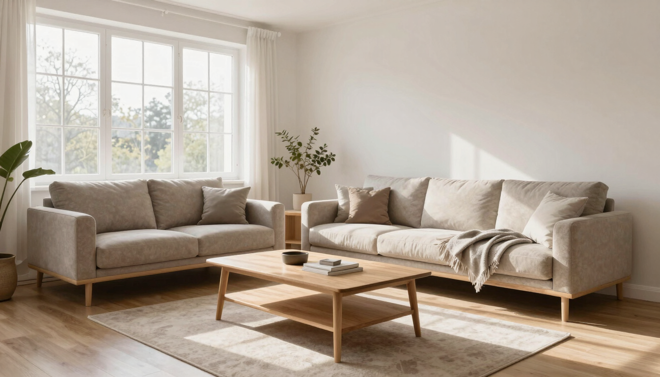 Scandinavian style bright living room flooded with soft morning daylight, clean lines, minimalist oak furniture, wide composition.