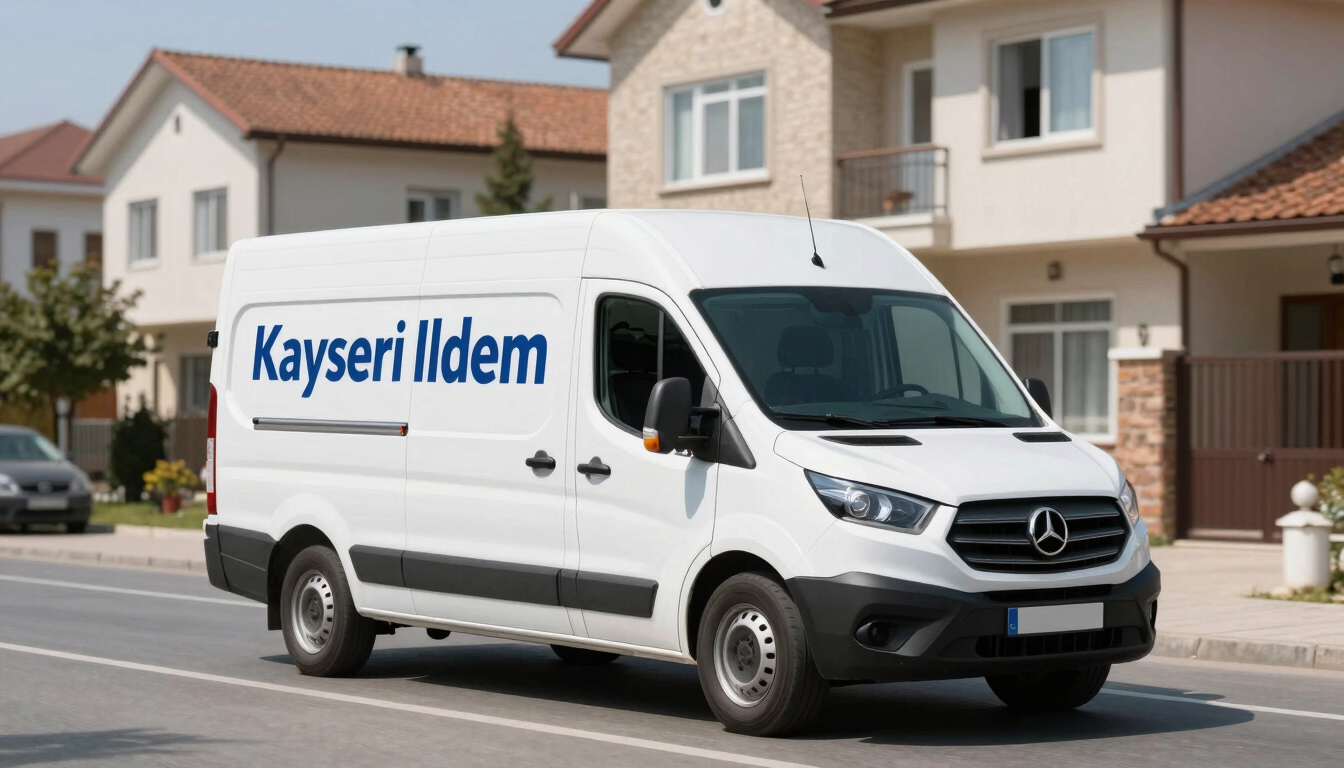 A clean white branded delivery van driving through the residential streets of Kayseri Ildem, bright daylight, professional commercial photography