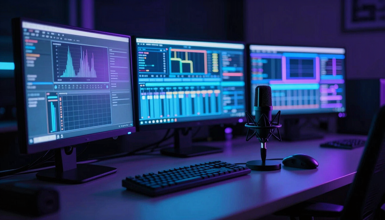 Vertical composition of a high-tech editing bay at night, glowing monitors casting electric blue and violet light onto a sleek desk, professional studio microphone, moody atmosphere.