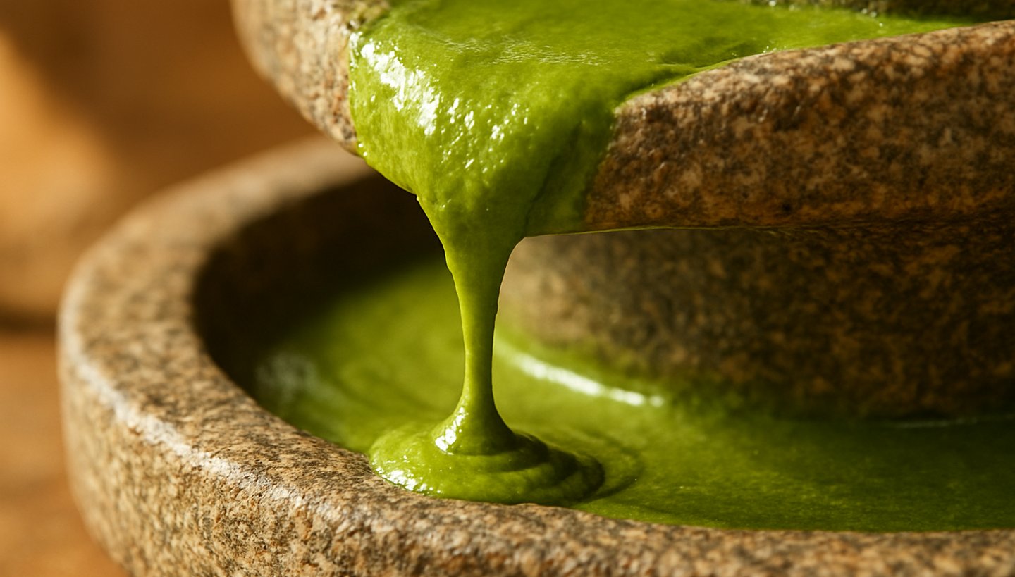 Close-up of vibrant green pistachio paste dripping slowly from a traditional granite stone mill, warm editorial food photography, rich textures, shallow depth of field