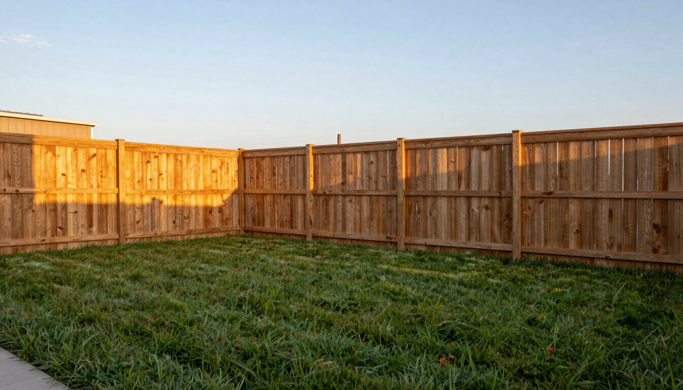 Wide environmental shot of a completed Stillwater backyard showing a sturdy cedar fence and a freshly mowed lawn under warm golden hour light.