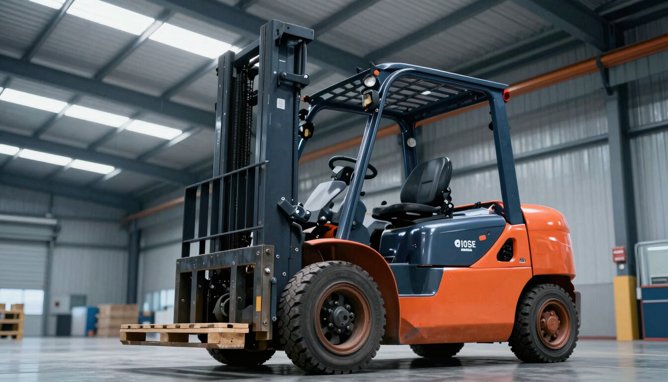 Low-angle heroic shot of a modern orange forklift lifting a pallet in a clean, high-ceilinged warehouse, bright daylight streaming through skylights
