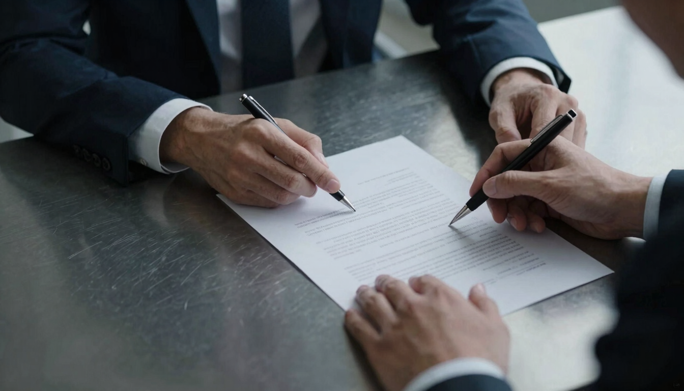 Tight close-up of hands in business suits reviewing a legal deed on a dark steel desk, cool low-key lighting, silver highlights, 35mm