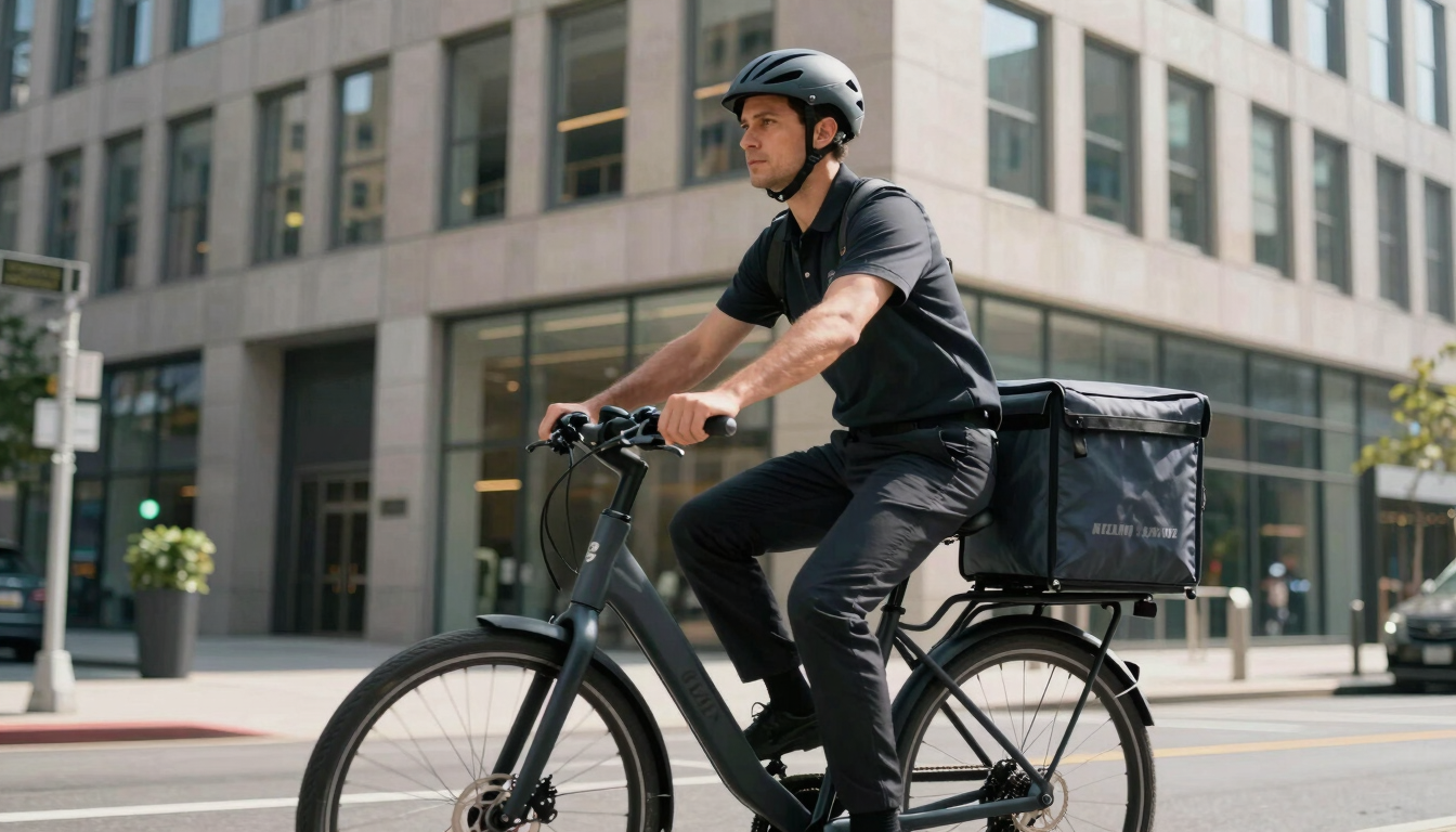 A professional courier on an electric bicycle, wearing clean dark apparel, riding past a modern Manhattan office building, crisp daylight.