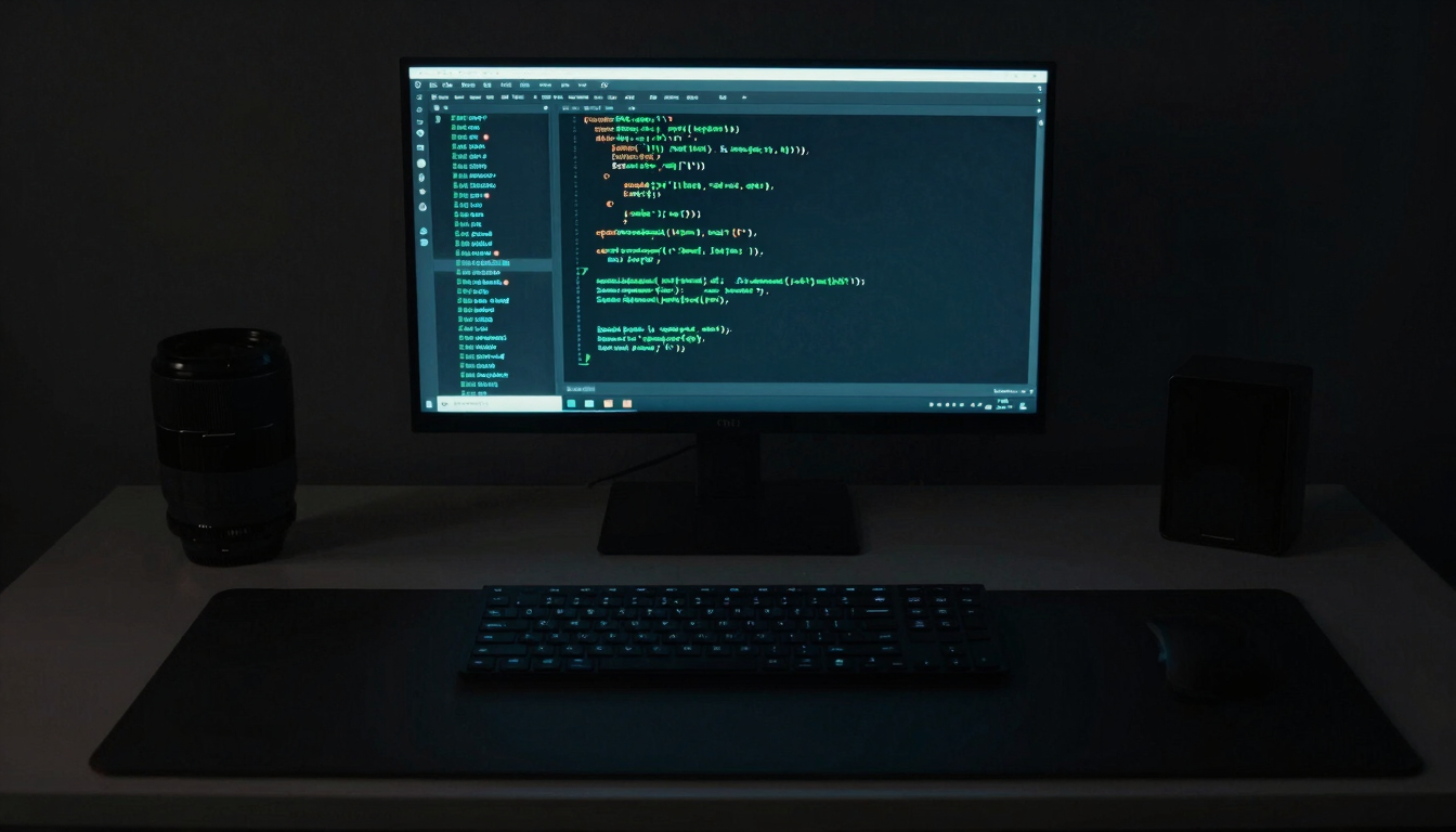 Perfect flat-lay of a minimalist developer desk at night, illuminated only by the screen glow of a terminal window displaying clean green code, high contrast, dark aesthetic.
