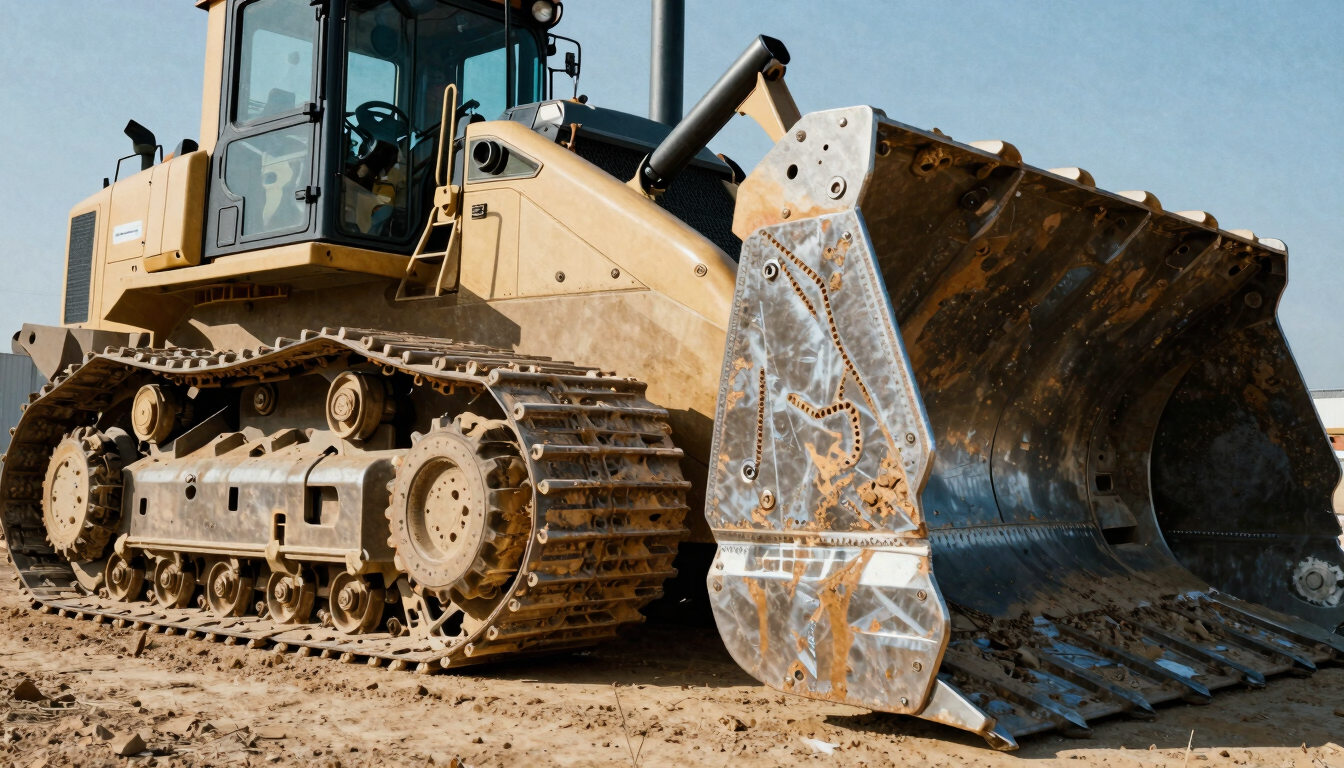 Low-angle heroic shot of a massive crawler dozer blade caked in dry earth, high-contrast sunlight highlighting steel weld textures, 35mm film grain.