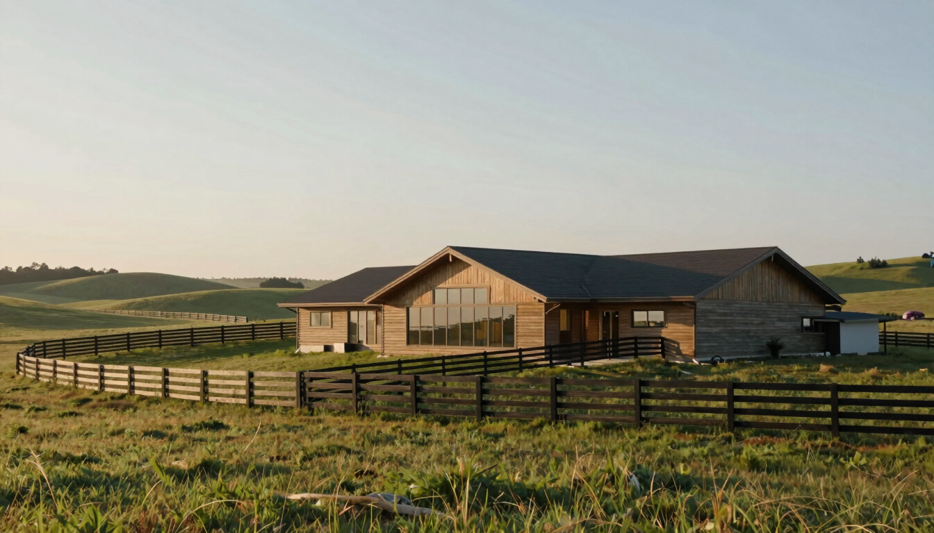 Wide environmental landscape of a modern ranch in the early morning, rolling pastures meeting structured timber fencing under soft light