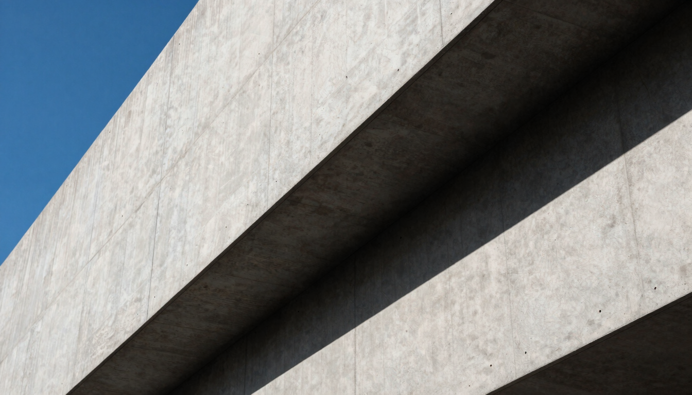 A high-contrast architectural close-up of a modern concrete building facade with sharp diagonal shadows, clean lines, and a sliver of bright blue sky.