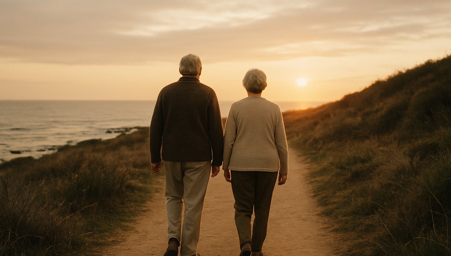 A peaceful coastal walking path at sunset, two older adults walking side-by-side, soft overcast daylight, 35mm film look.