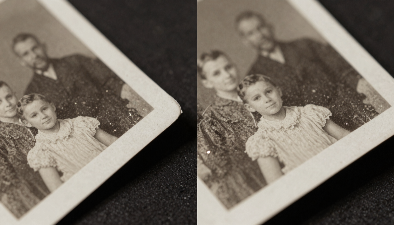 Macro shot of a torn, water-damaged 1920s family photograph being carefully aligned, showing paper grain and high-contrast side-lighting