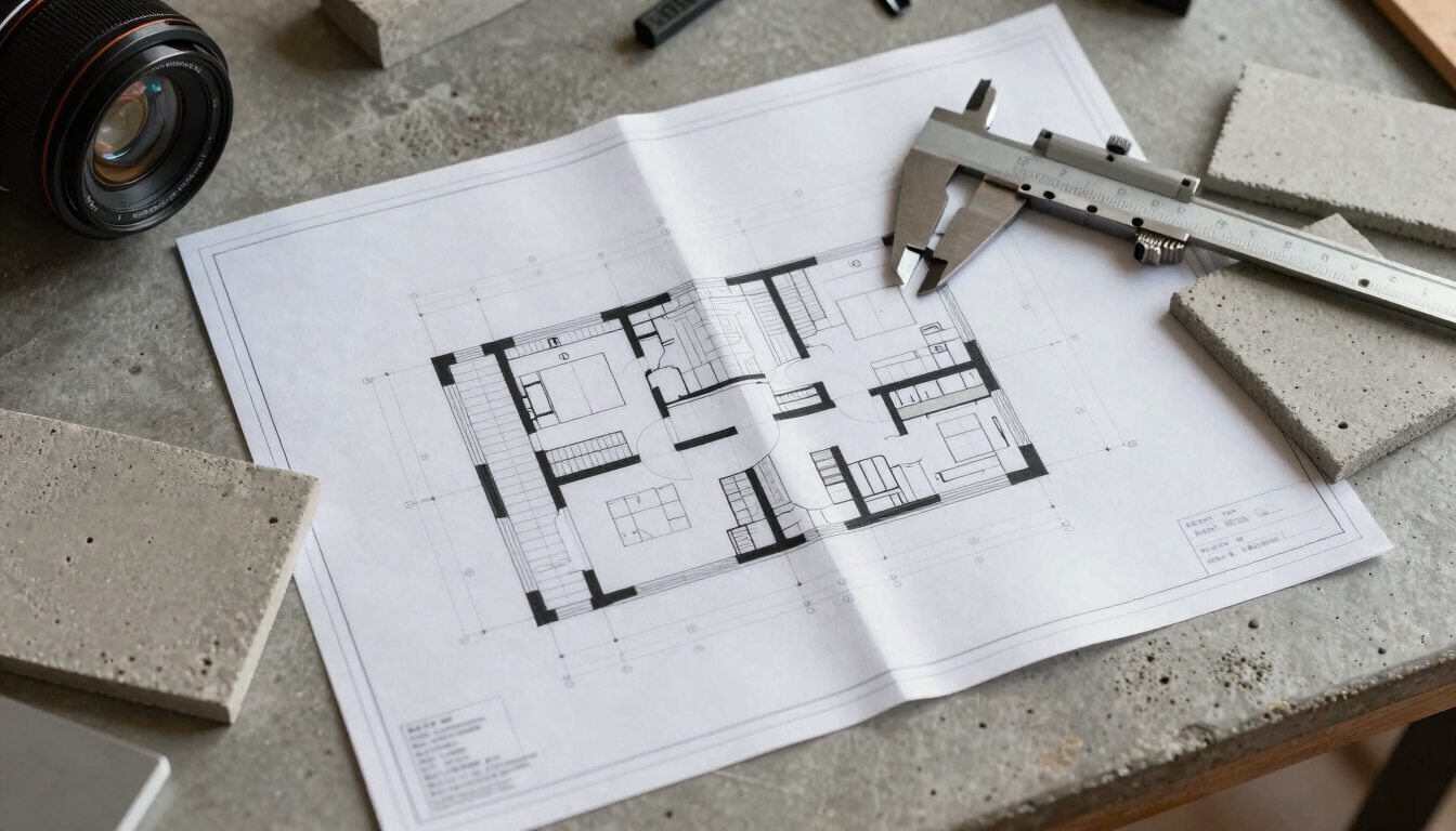 Top-down macro shot of architectural blueprints laid out on a concrete work table, steel calipers and concrete material swatches nearby, natural side lighting.