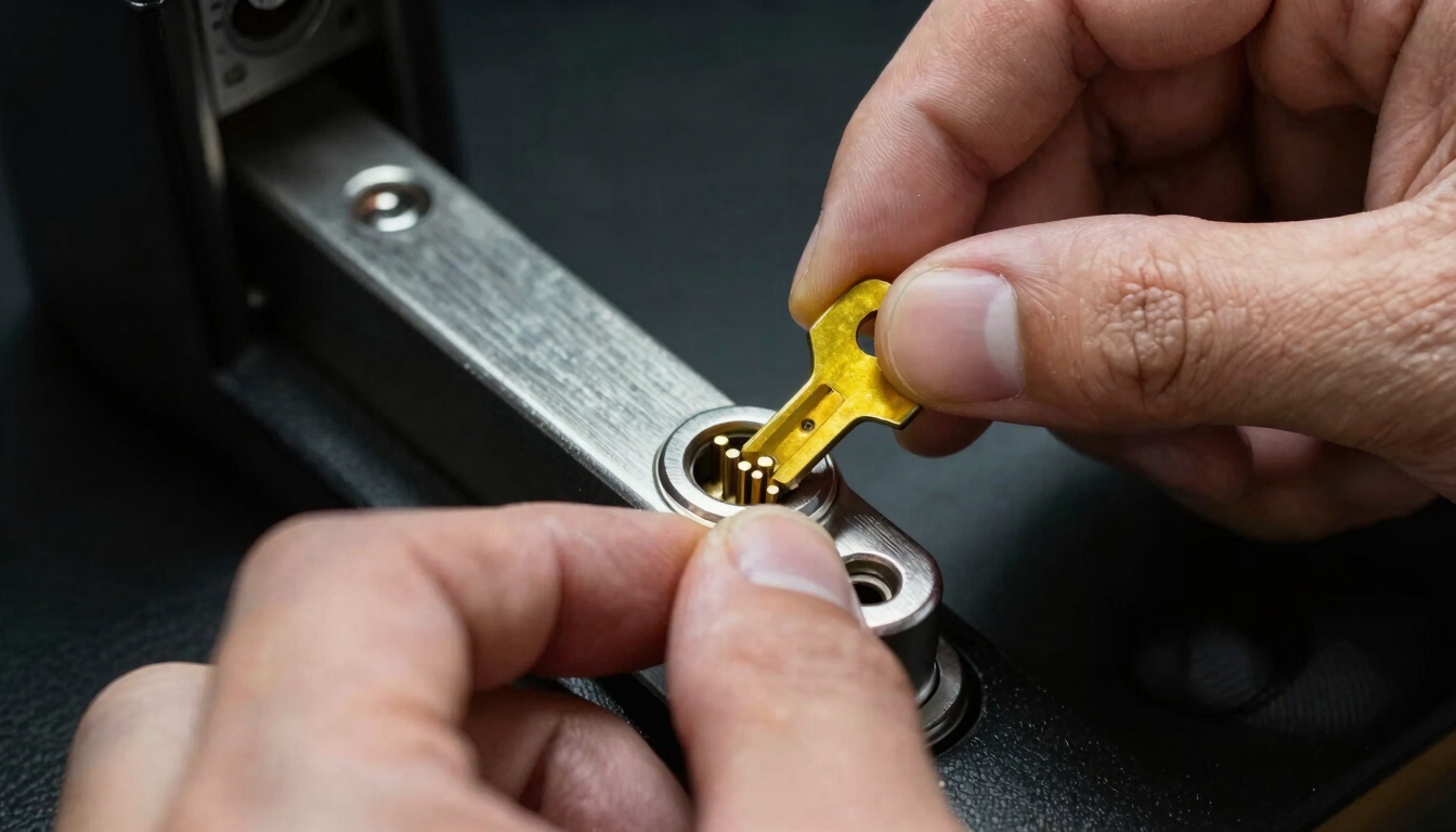 Macro close-up of a professional locksmith's hand aligning the brass pins inside a residential lock cylinder, high-contrast urban lighting, sharp focus on metallic textures.