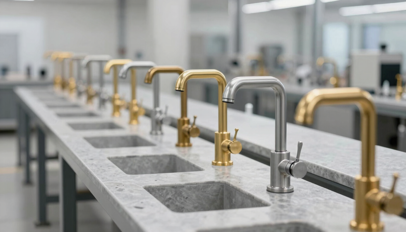 A clean factory production line of modern brass faucets, bright neutral daylight, cool grey and slate tones, sharp focus, high-end material detail