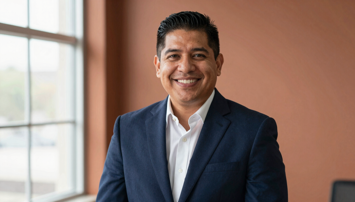 Warm editorial portrait of a Hispanic lawyer smiling warmly in a bright El Monte office, soft natural window light, deep navy suit, terracotta background tones, shallow depth of field.