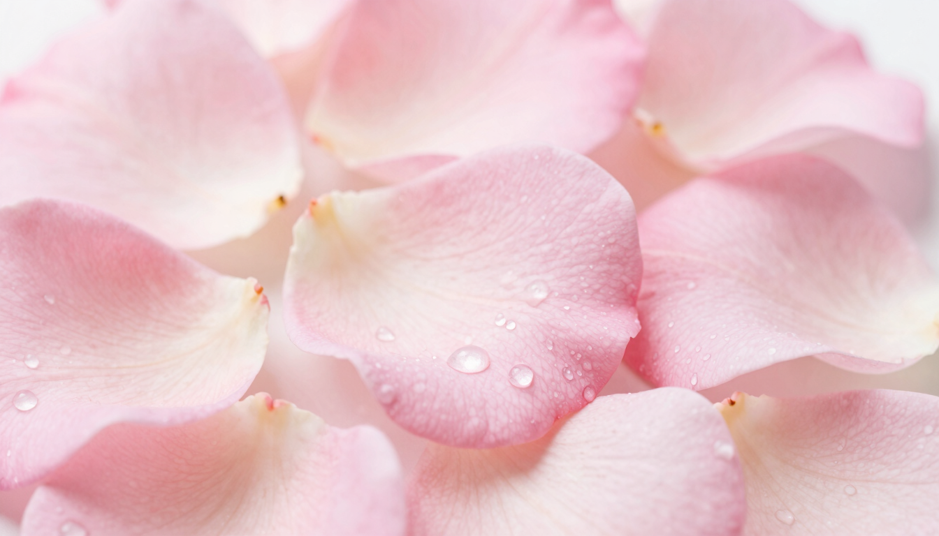 Close-up macro shot of delicate pink rose petals with soft morning dew drops, bright diffused daylight, shallow depth of field