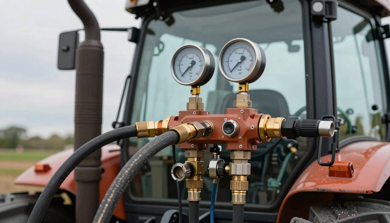 Close-up of hydraulic pressure gauges and heavy-duty coupling hoses connected to a John Deere tractor, sharp focus, industrial diagnostic equipment, overcast daylight.