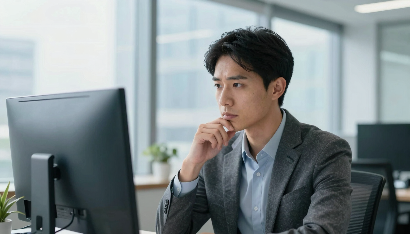 High-quality portrait of a focused professional looking thoughtfully at a screen, bright natural office daylight, cool blue tones, 35mm lens.