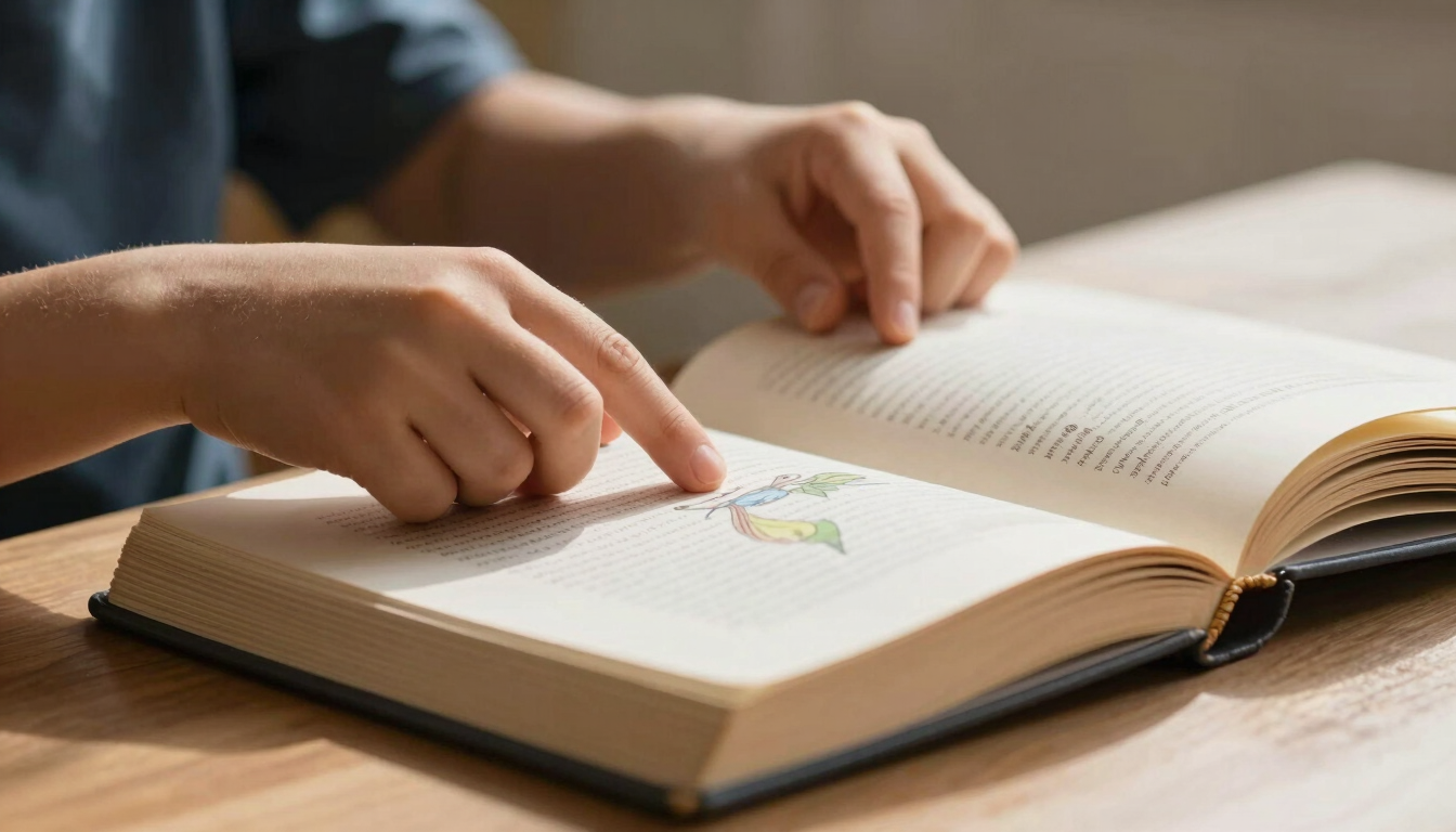 A child's hands turning the heavy paper page of an illustrated book in a sunlit reading corner, soft side-lighting.
