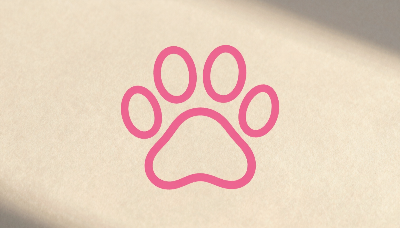 Elegant minimalist line-art of a heart-shaped dog paw print, hot pink stroke on a soft cream background, luxury editorial style.