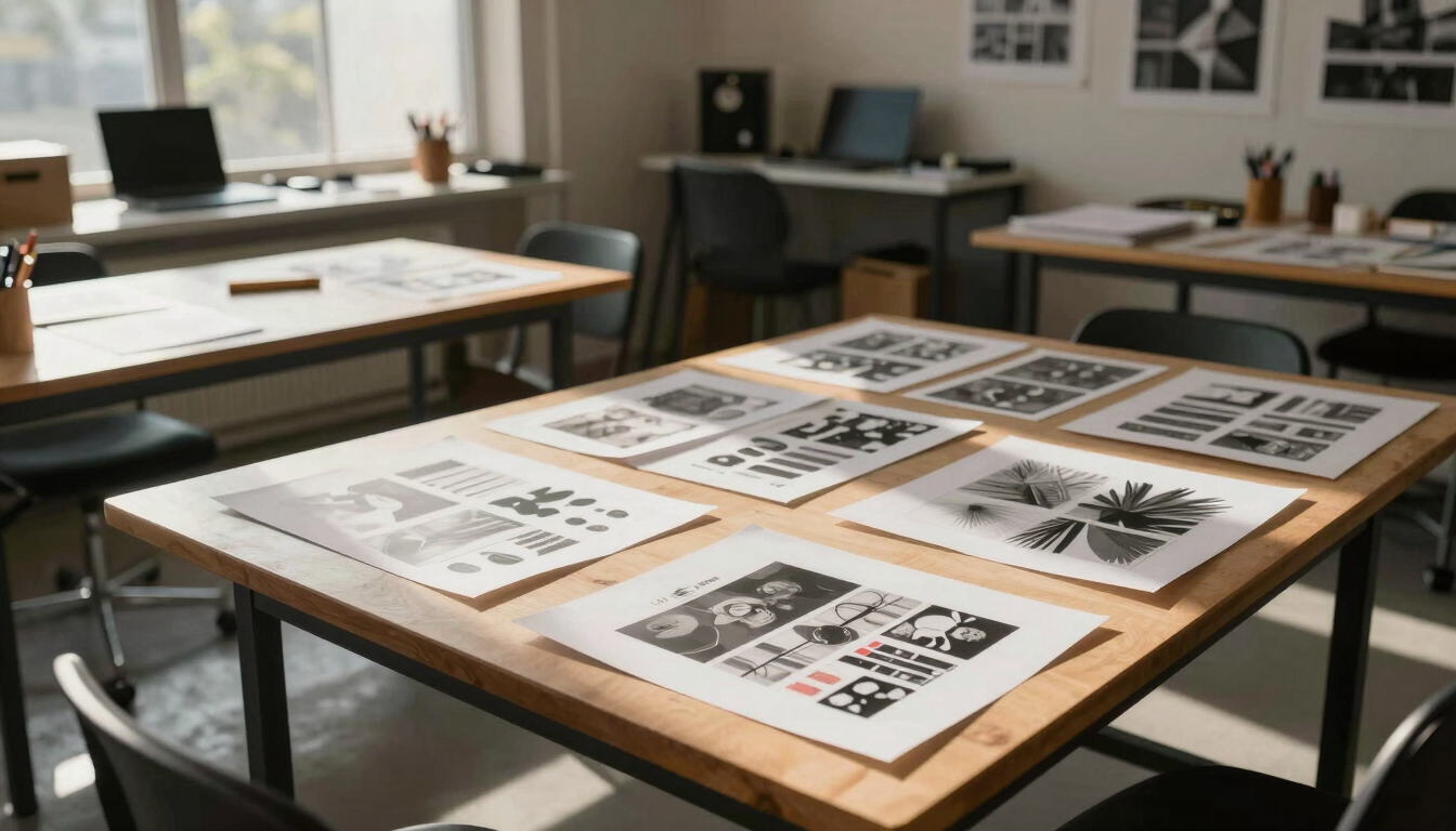 Wide environmental shot of the sun-drenched Hurricane studio space, casting long, soft shadows across work tables and physical design collateral.