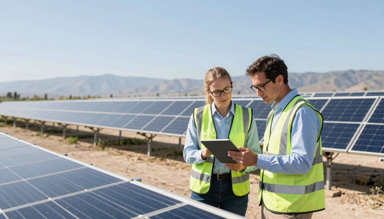 A wide environmental shot of a modern solar installation in California, with clean-tech researchers analyzing data on a tablet under bright natural daylight.