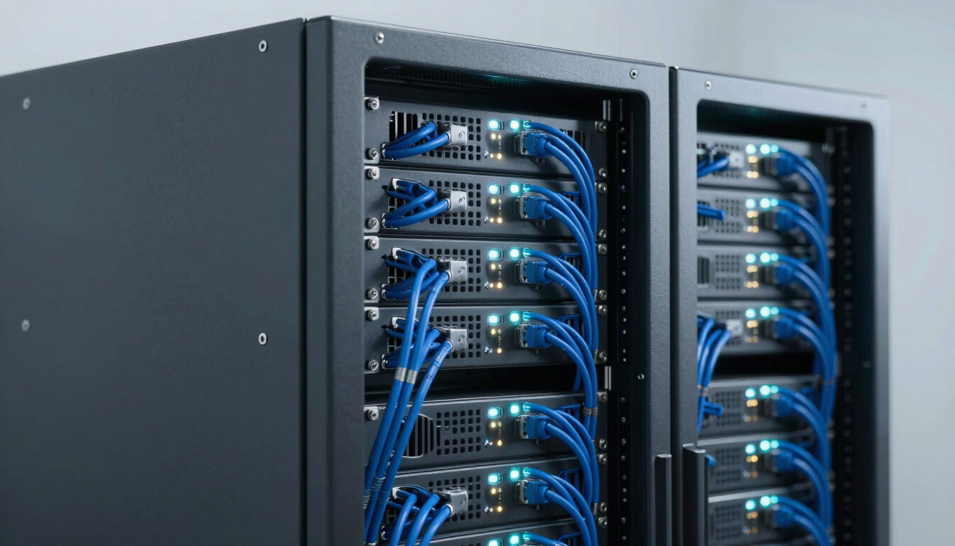 Crisp commercial photography of a high-end IT server rack, organized blue cabling, glowing indicator lights, clean studio lighting, cool slate-gray tones, sharp focus.