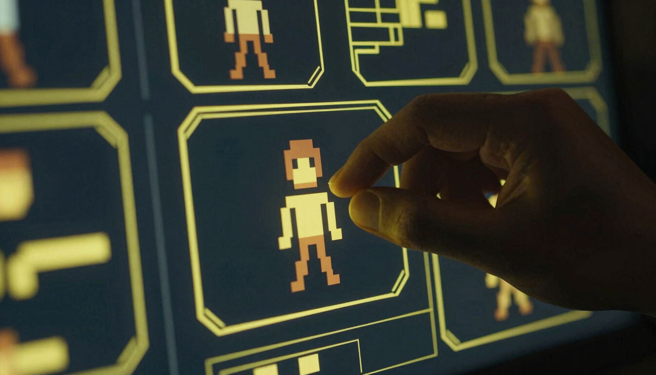 Macro close-up of a developer's hand adjusting a 2D game character sprite on a high-end monitor, glowing yellow neon highlights, dark cyber-industrial setting