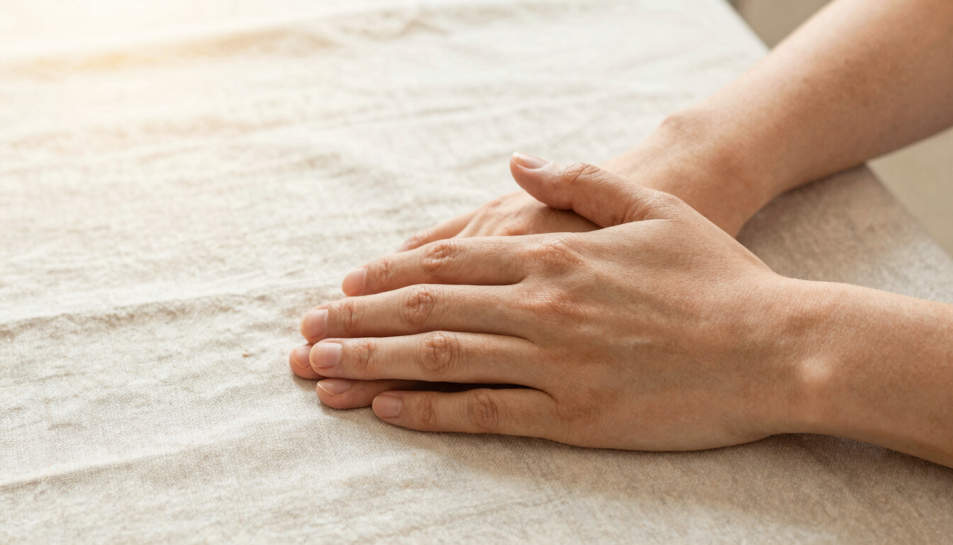 Close-up of two hands resting gently together on a soft linen tablecloth, warm diffused afternoon light, expressing care and quiet support, shallow depth of field.
