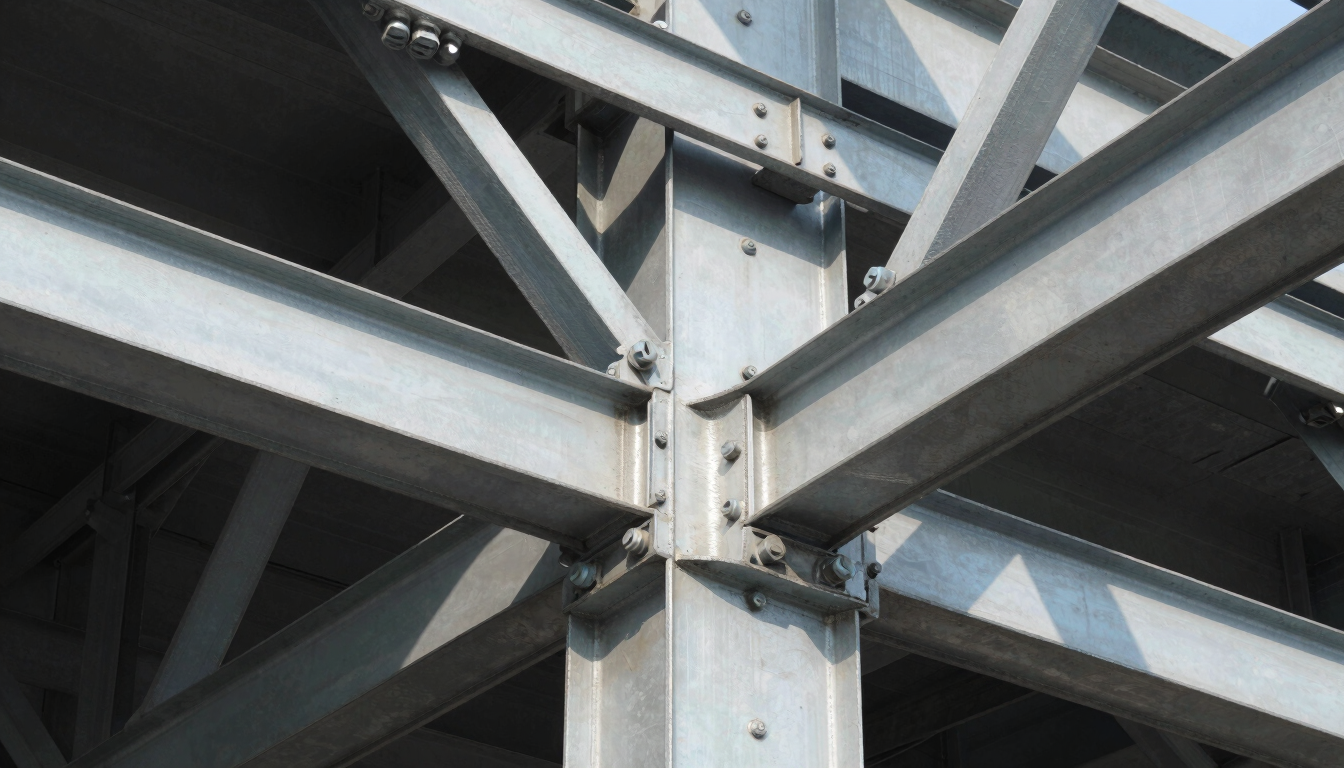 Close-up architectural detail of a heavy steel structural joint with massive bolts, industrial precision, crisp daylight, deep shadows