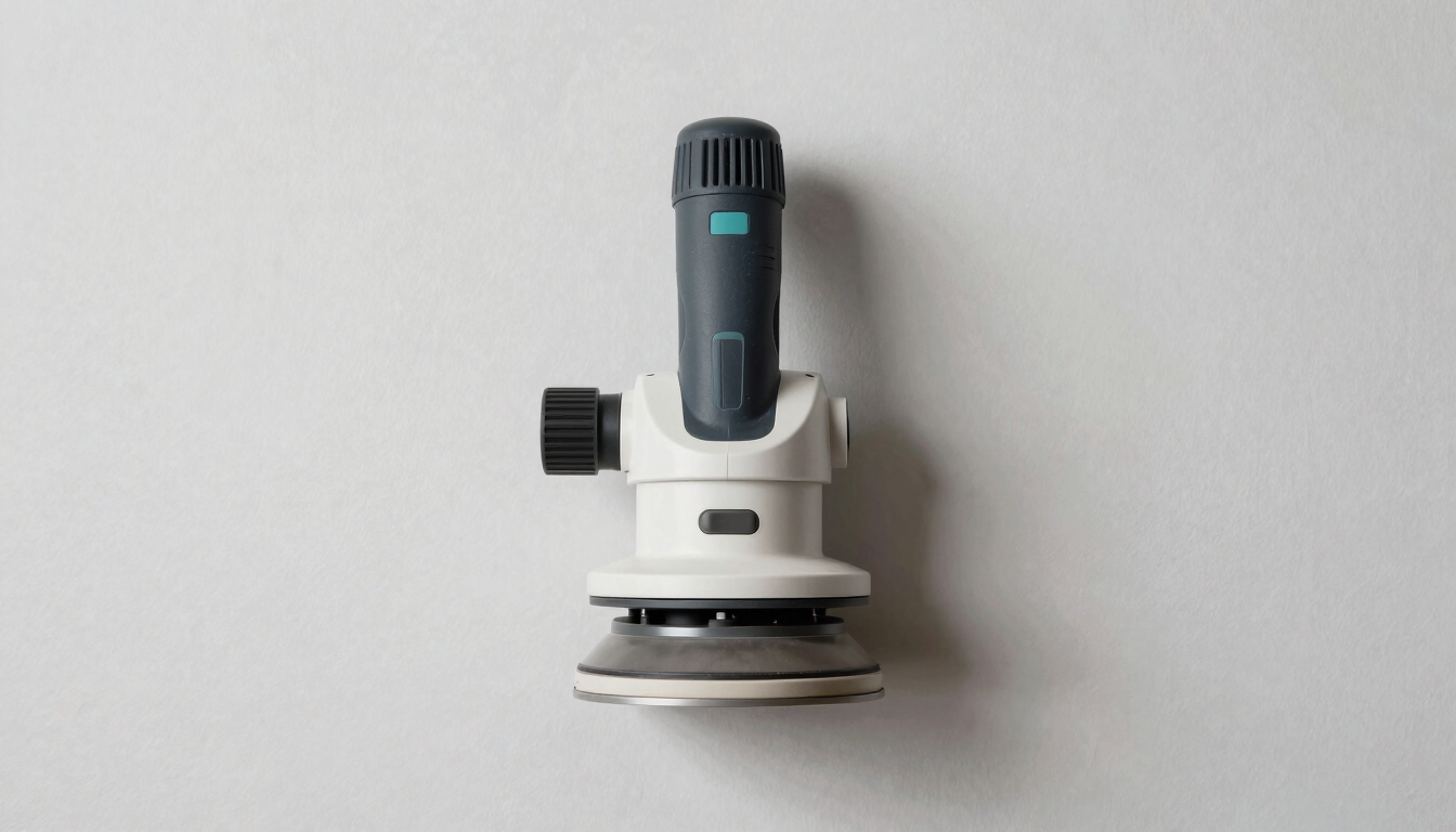 Symmetrical architectural shot of a dust-extraction sanding tool flat against a smooth, primed wall, crisp white work light, immaculate workspace.