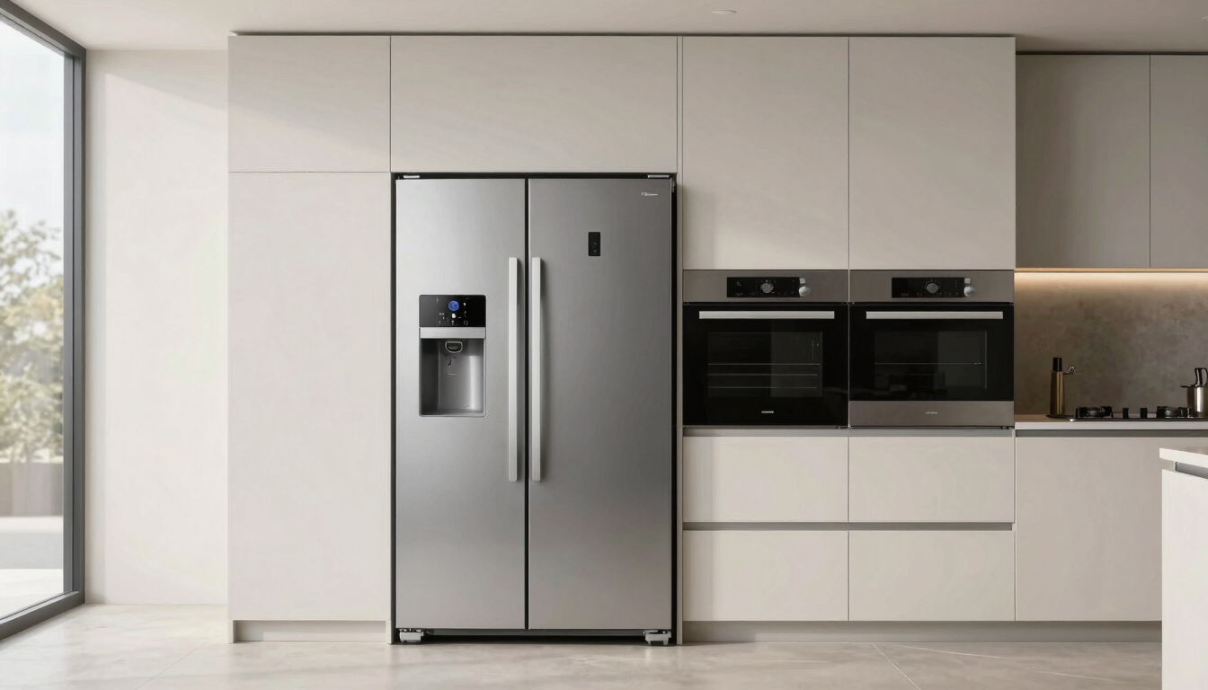 A modern luxury kitchen interior with high-end built-in silver refrigerators and ovens, soft natural light, clean lines, professional architectural photography
