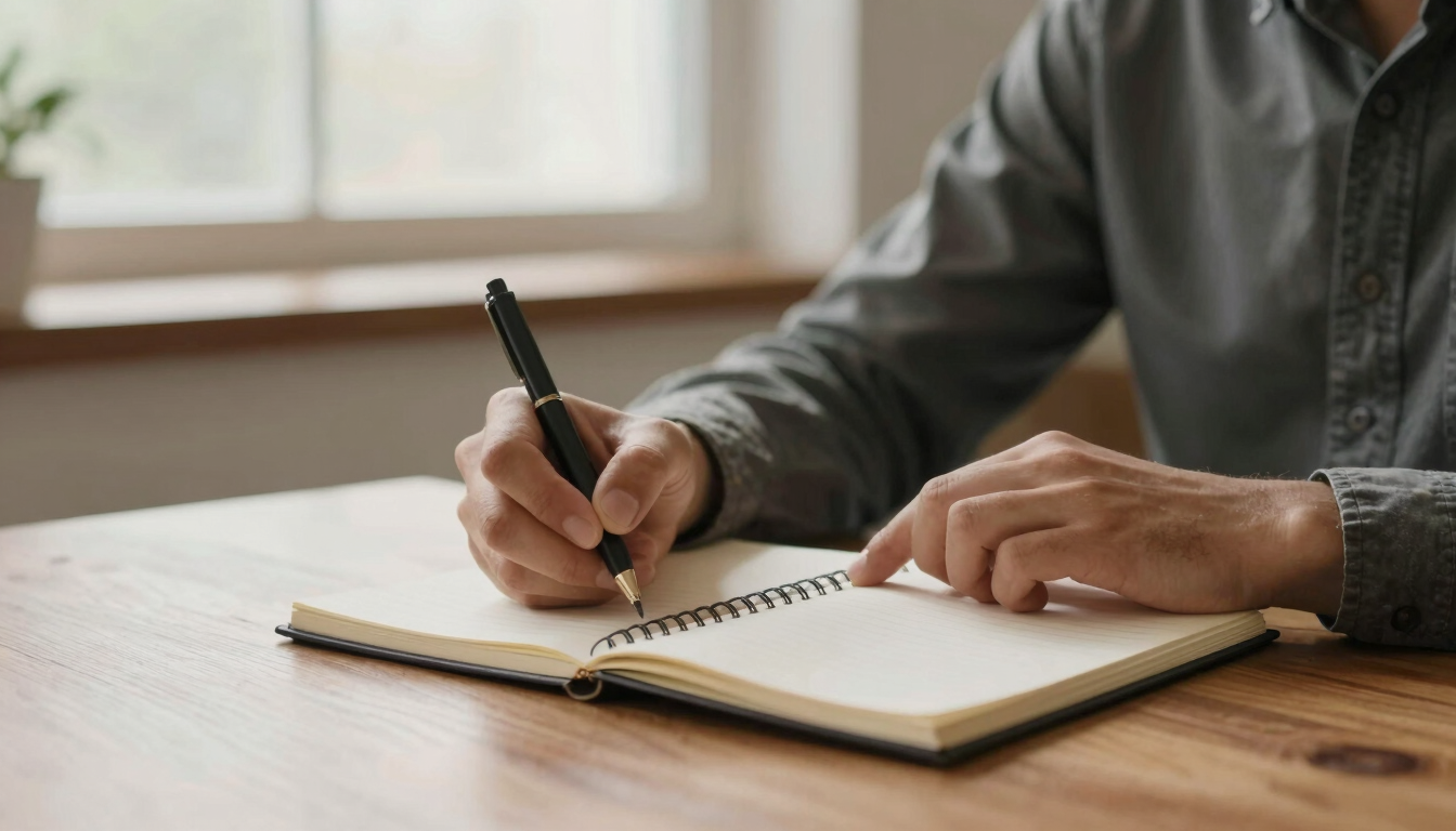 A resident writing in a notebook at a wooden table, warm morning light filtering through a window, soft focus, dignified atmosphere