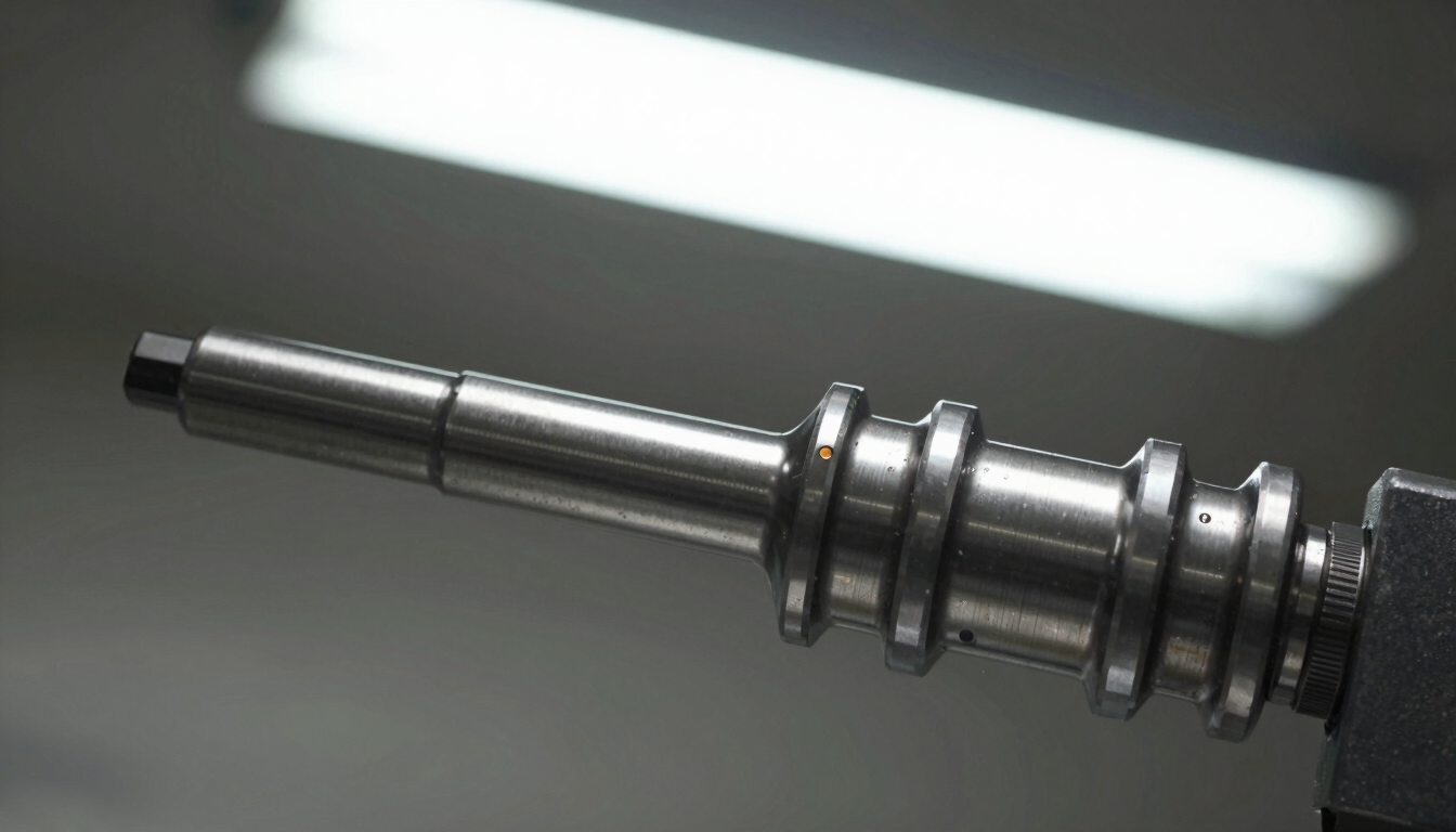 Sharp industrial photography of a micrometre measuring a steel crankshaft journal under bright fluorescent workshop light, high contrast metallic tones, 35mm