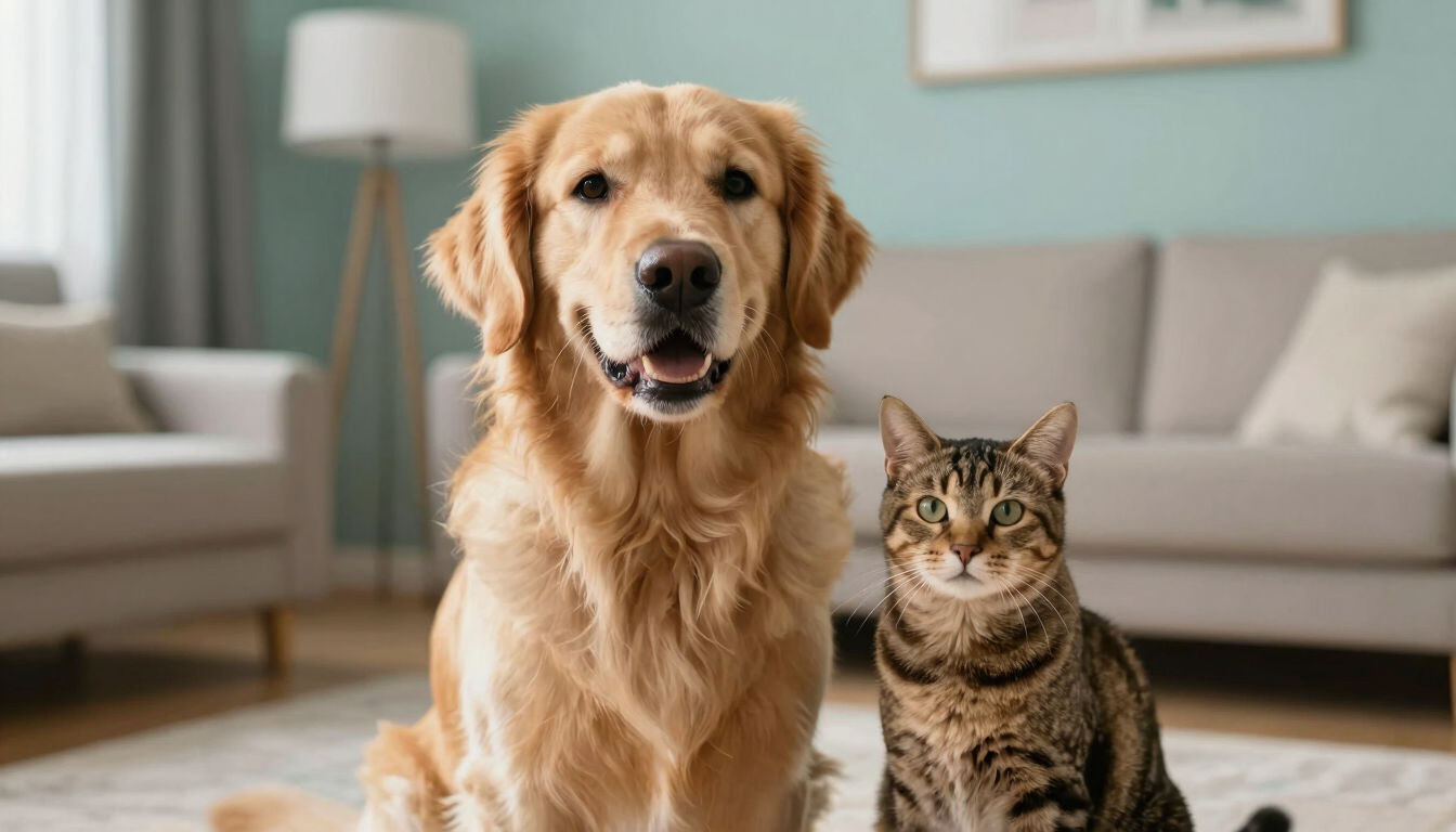 eye-level warm editorial photography of a healthy golden retriever and a tabby cat sitting together in a sunlit modern living room, soft natural daylight, muted teal and beige tones, shallow depth of field, 35mm