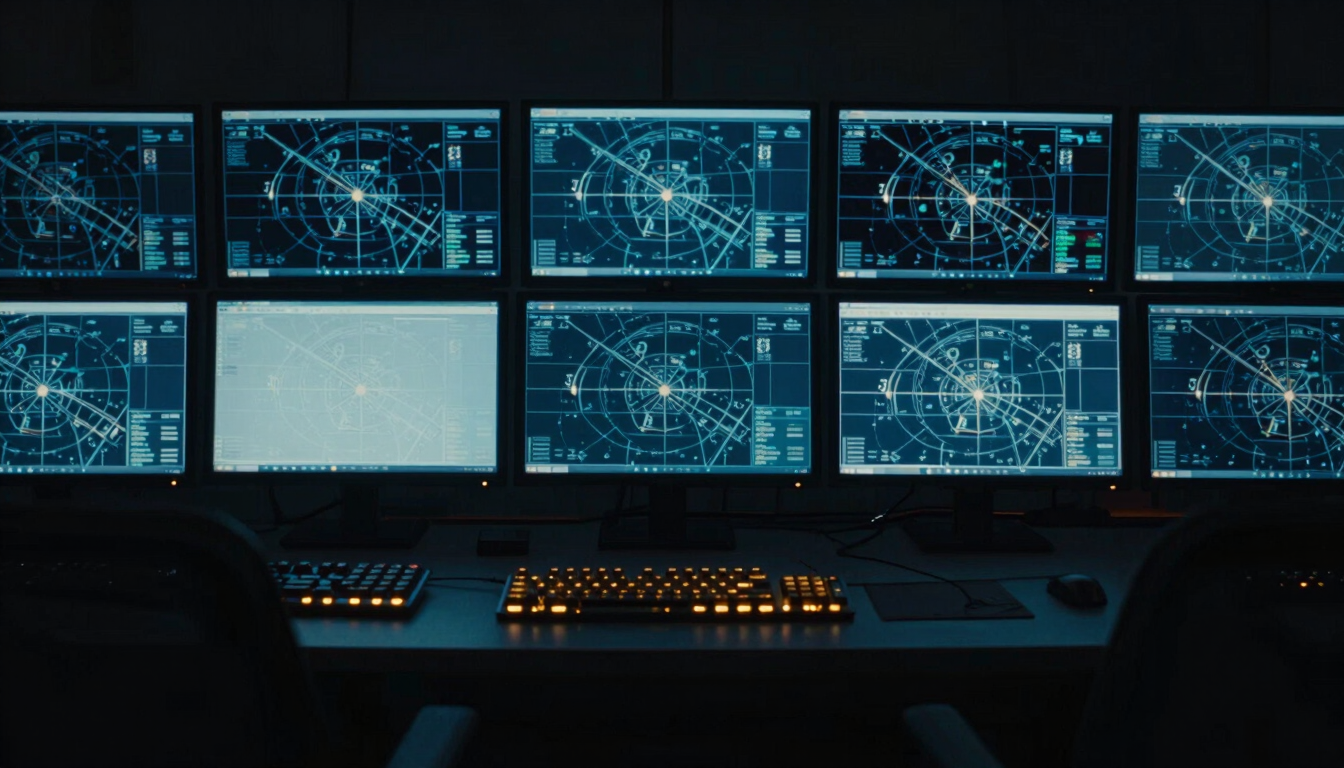 Cinematic low-key wide shot of a dark dispatch control room, illuminated by cool blue screen glow and dramatic amber keyboard lights, multiple monitors displaying active CAD maps.
