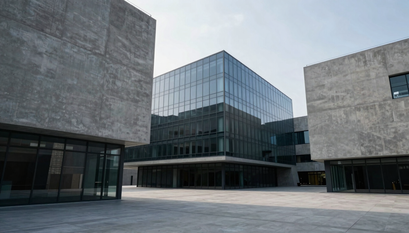 Wide-angle environmental shot of monolithic modern concrete and dark glass architecture under cool silver chiaroscuro lighting.