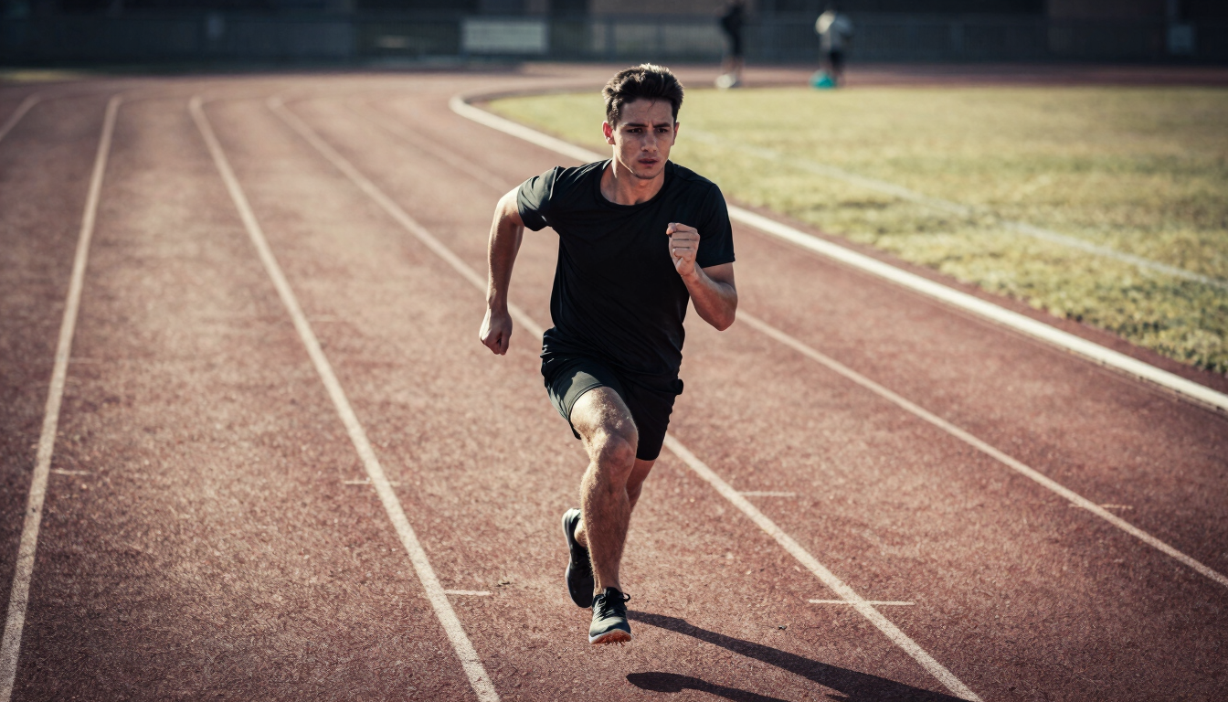 Dramatic editorial portrait of a determined cadet during intense athletic training on a modern running track, crisp morning daylight, high contrast, desaturated tones, 35mm