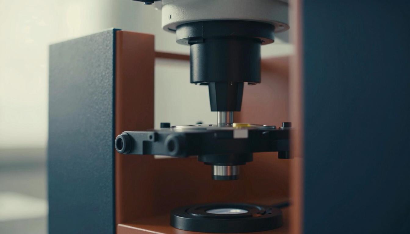 Macro-detailed close-up of a high-tech laboratory diagnostic component, soft natural morning light, muted navy and terracotta tones, architectural framing, 35mm.
