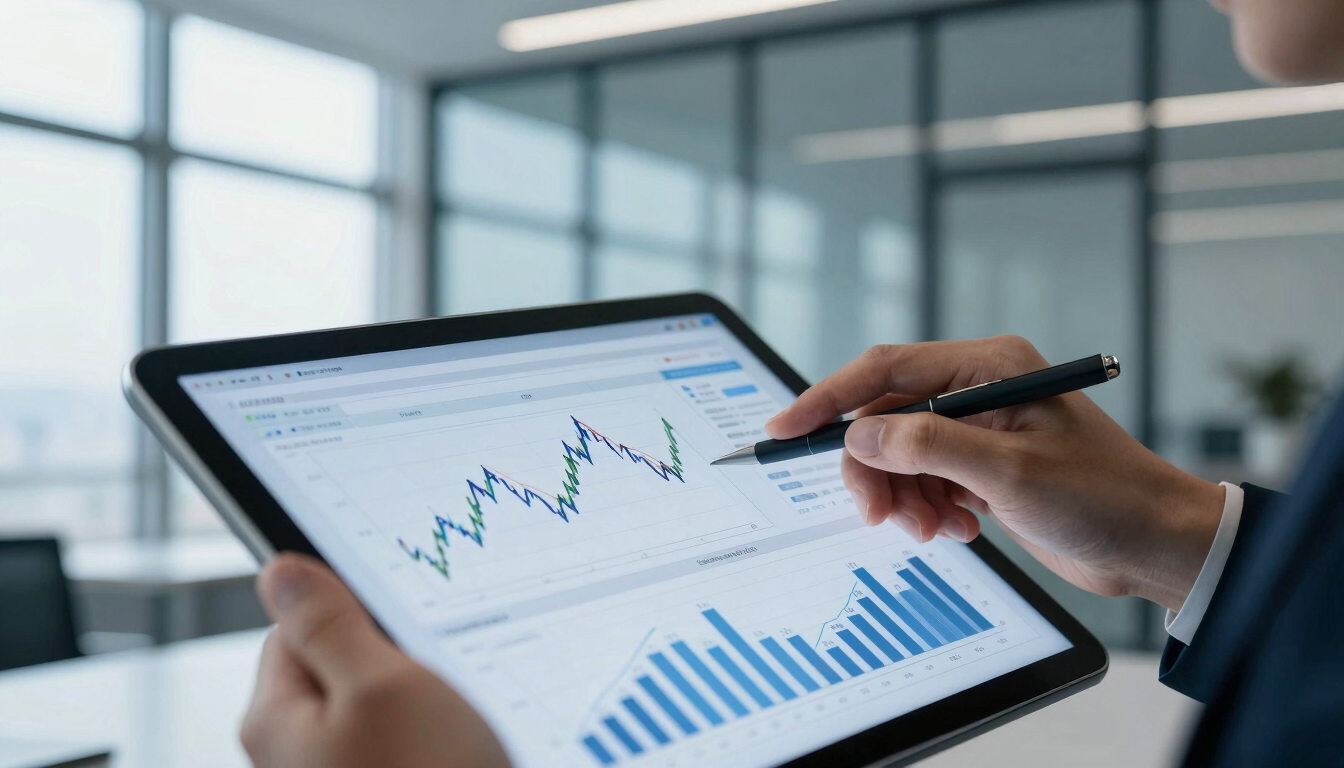 Close-up of a professional analyzing complex financial graphs on a tablet, architectural glass background, clean cool office lighting, 35mm