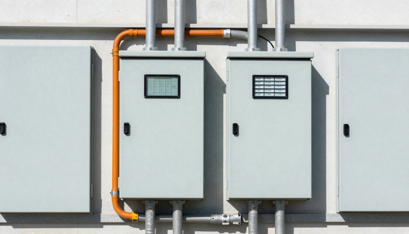 A high-contrast outdoor shot of a newly installed commercial electrical panel and conduit lines, bright California daylight, sharp focus.