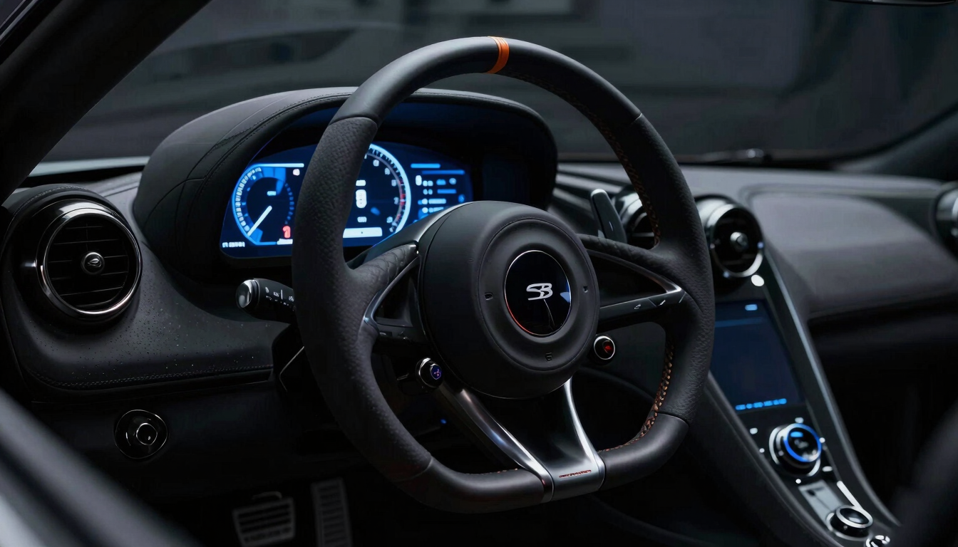 Low-angle cinematic portrait of a modern supercar's steering wheel with glowing digital dials, dramatic low-key studio lighting, electric blue reflections, high contrast.