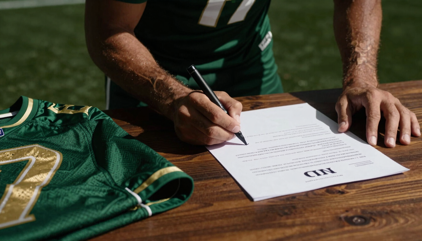 Dynamic close-up of a football player signing a contract on a wooden table, a green and gold jersey folded beside the document, high-contrast lighting.