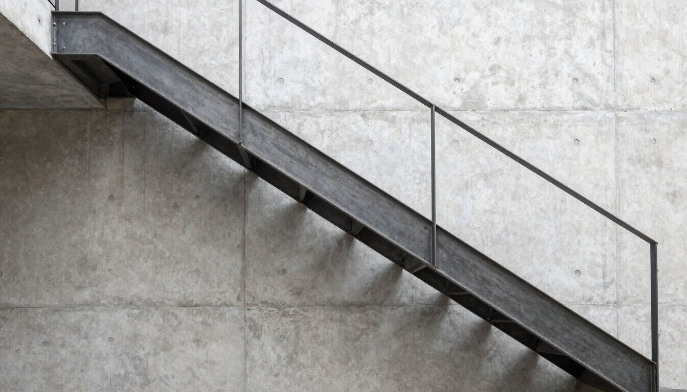Wide architectural shot of a minimalist steel staircase installed in a modern concrete residence, clean joints, natural side light, industrial editorial style