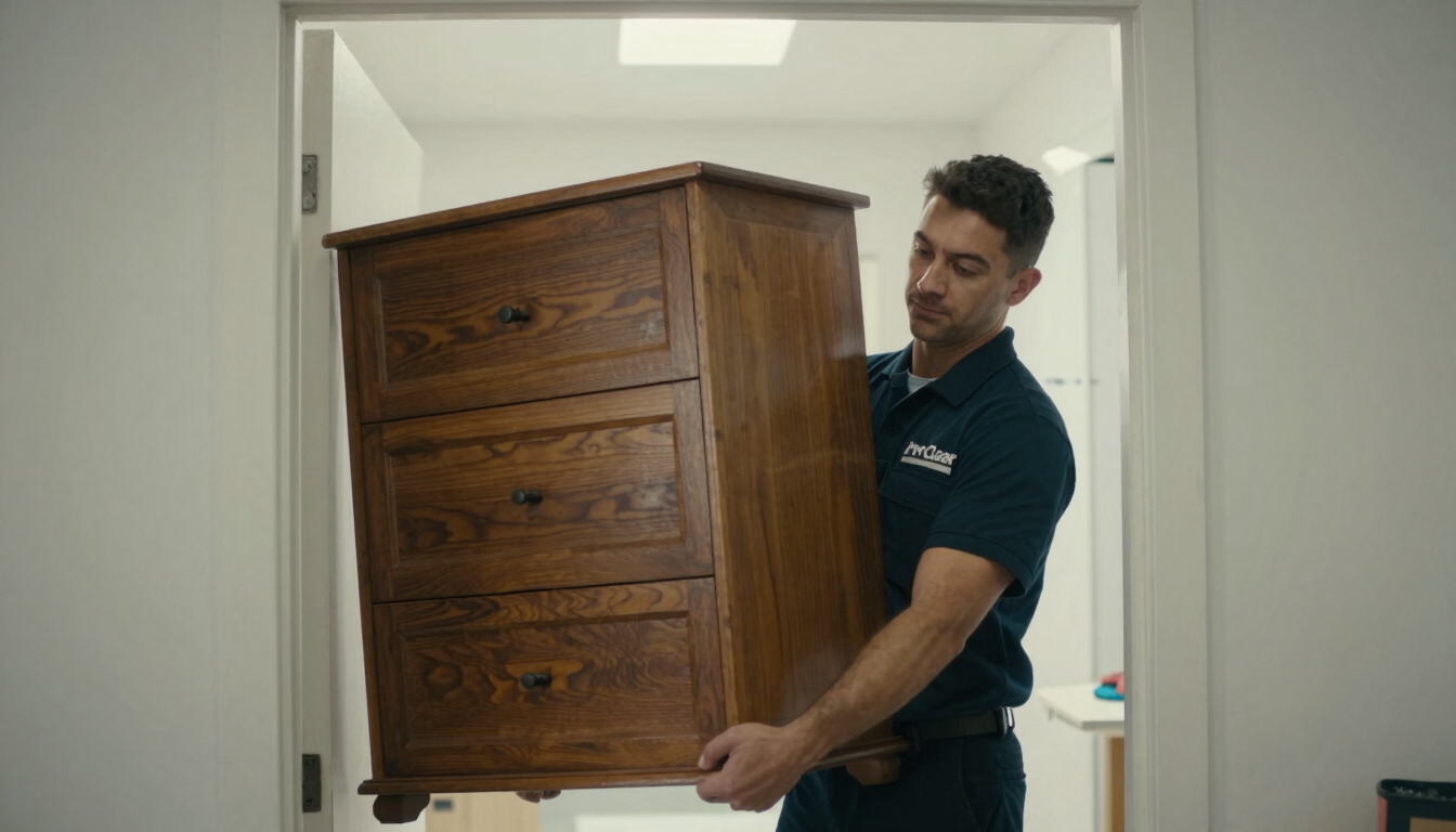 Medium-wide daylight shot of a uniformed ProClear crew member carefully carrying a heavy wooden dresser through a clean doorway, focused expression, respectful handling.