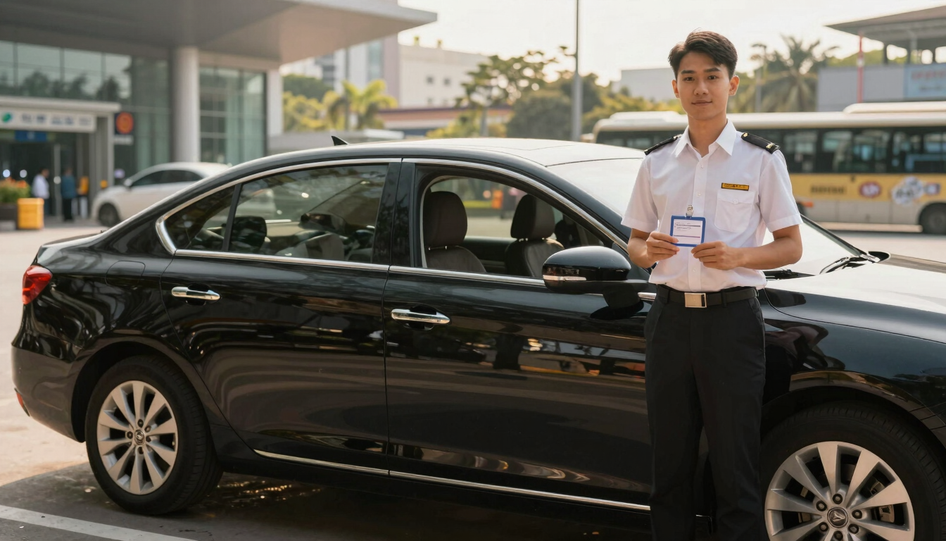 A clean modern black sedan parked outside Hanoi arrivals terminal, a professional driver in a clean uniform holding a neat name sign, soft natural daylight.
