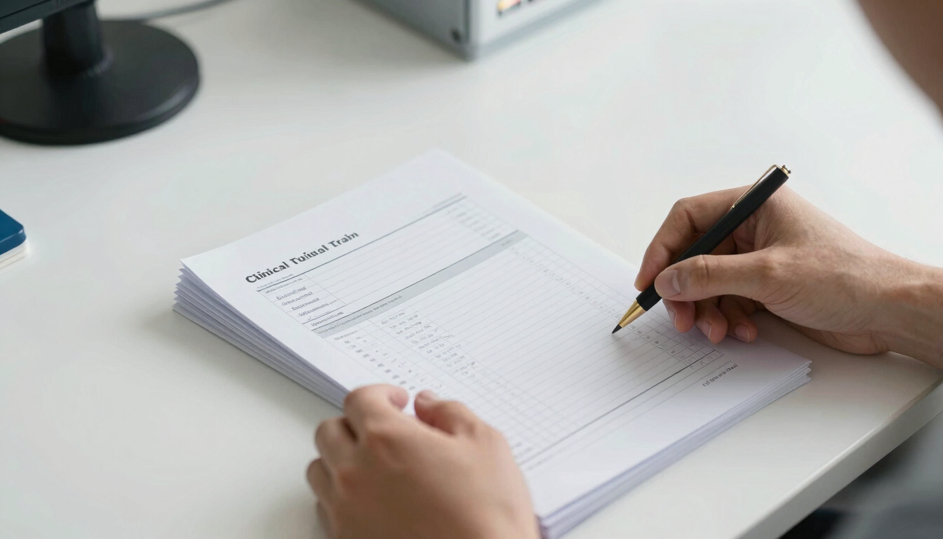 Hands sorting clinical trial documents and CRF sheets on a clean white desk, bright daylight, focused composition.