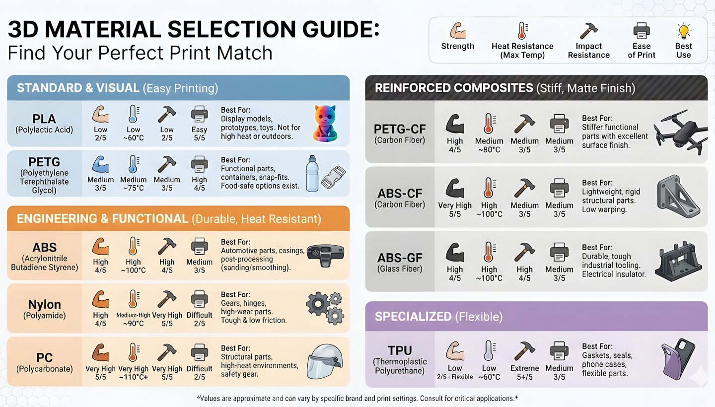 3D printing material selection guide comparing PLA, PETG, ABS, nylon, polycarbonate, ABS-CF, ABS-GF,