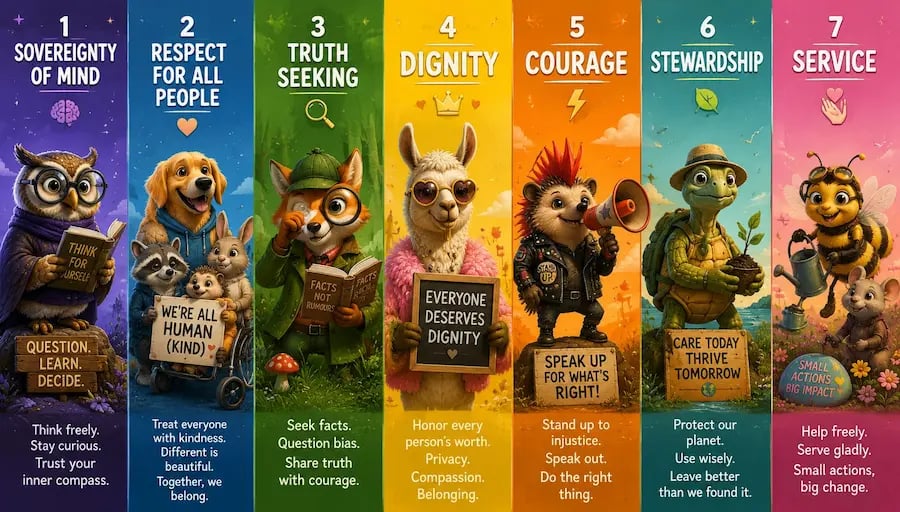 Colorful infographic showcasing seven ethical values with illustrated animal characters including an owl, fox, and llama.