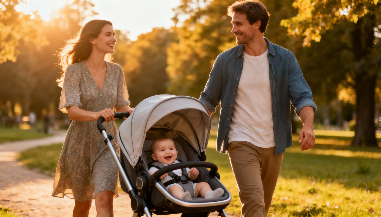 Um casal caminhando por um caminho com um bebê no carrinho
